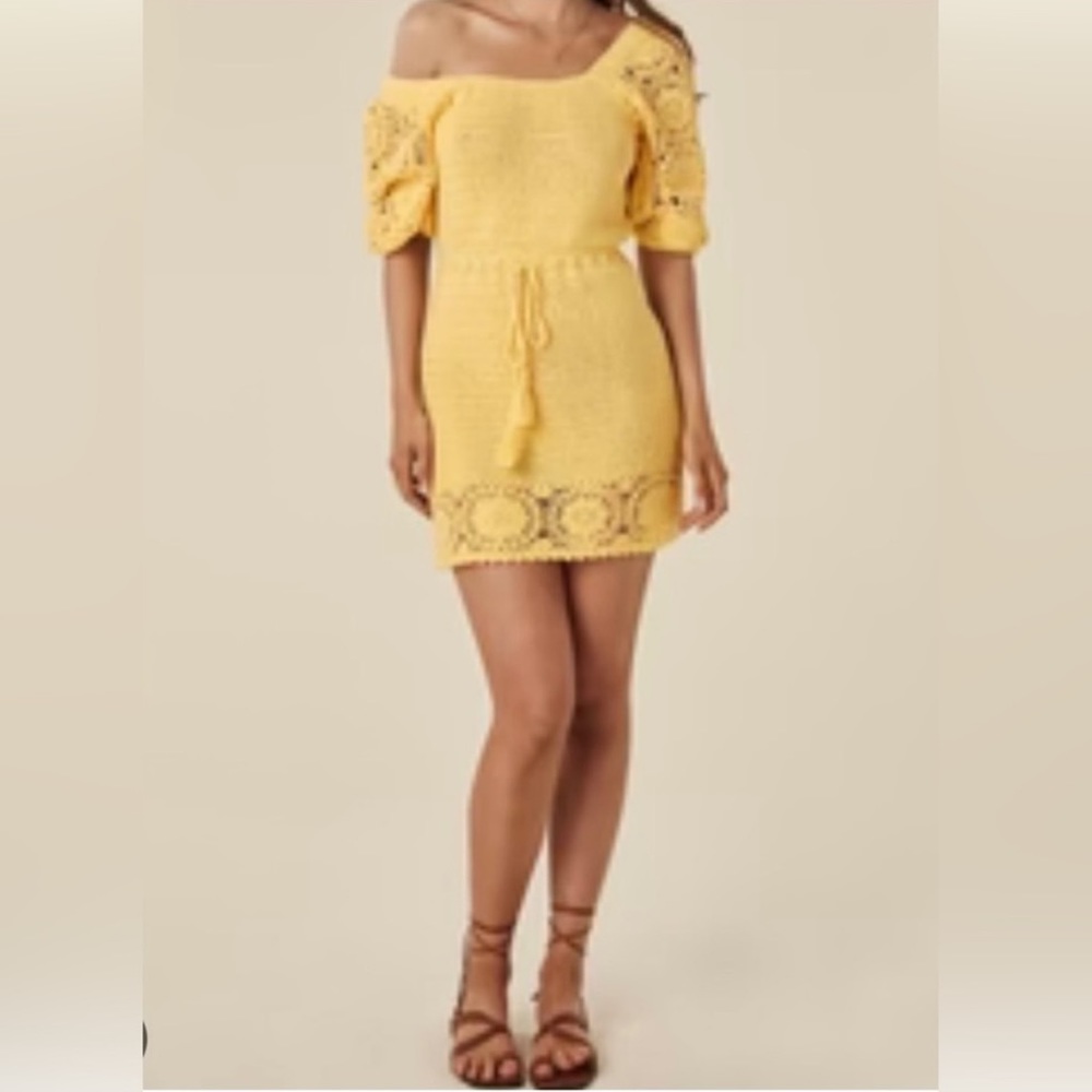 SPELL Let the Sunshine In Yellow Crochet Mini Dress 100% organic cotton sz Small
